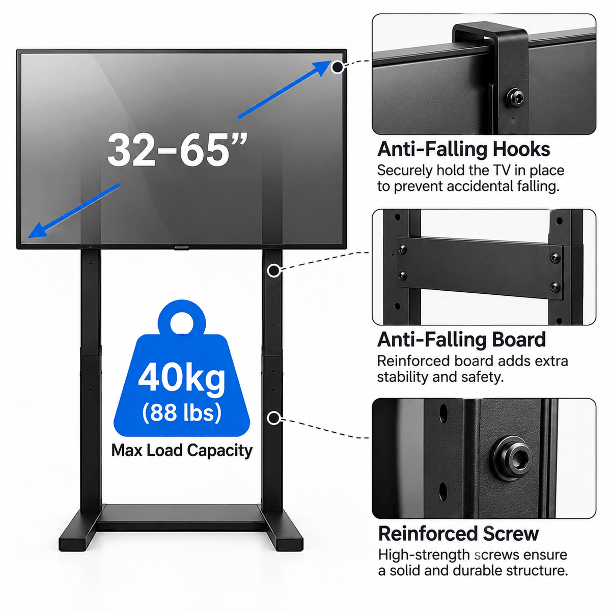 TV on a black stand with two feet and a blue weight icon beside close ups of the hooks, a support board and a screw