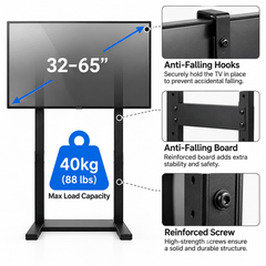 TV on a black stand with two feet and a blue weight icon beside close ups of the hooks, a support board and a screw