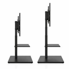 Two side views of a black free standing TV stand at a lower height and a higher height with a shelf and a base