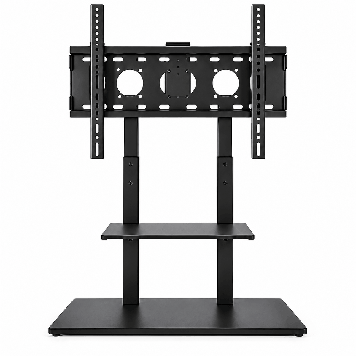 Black free standing TV stand with a VESA bracket, two upright columns, one shelf and a rectangular base on a white background