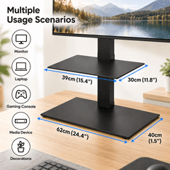 Black stand with a shelf and base on a desk beside a keyboard, with icons for a monitor, laptop, console and media device