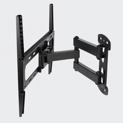 Black full motion TV wall mount with a folding double arm and wall plate on a grey background