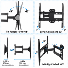 Four diagrams of a full motion TV wall mount showing tilt, level adjustment, arm depth and left and right swivel