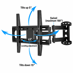 Black full motion TV wall mount with blue arrows showing the tilt, swivel and levelling movements