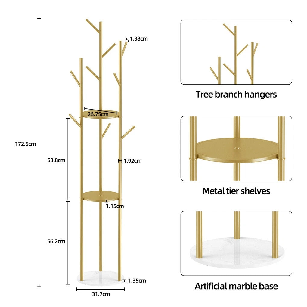 Gold tree coat rack dimensions diagram with close-ups of the branch hooks, metal shelves and artificial marble base