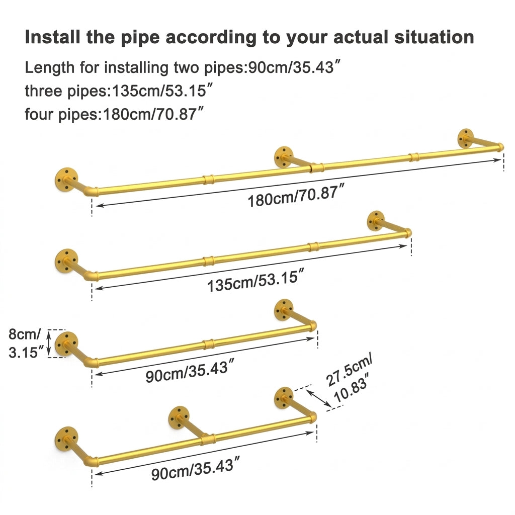Diagram of the gold pipe clothes rack installed at three different lengths with wall flange and rail depth sizes