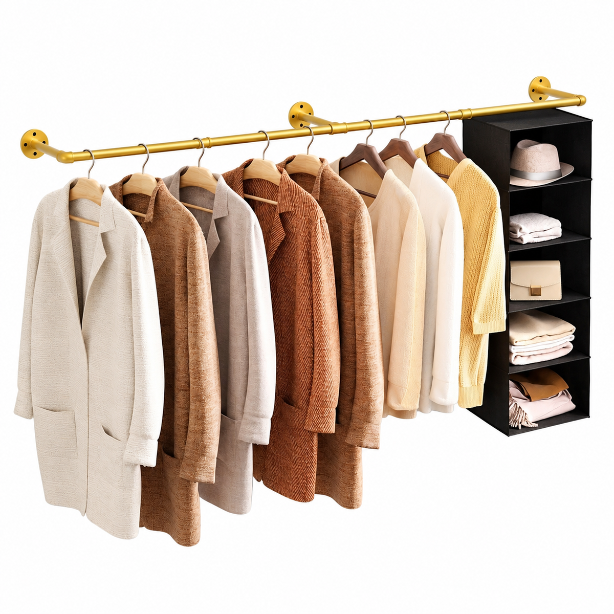 Gold wall mounted pipe clothes rack with coats and sweaters on hangers and a black hanging shelf organizer at one end