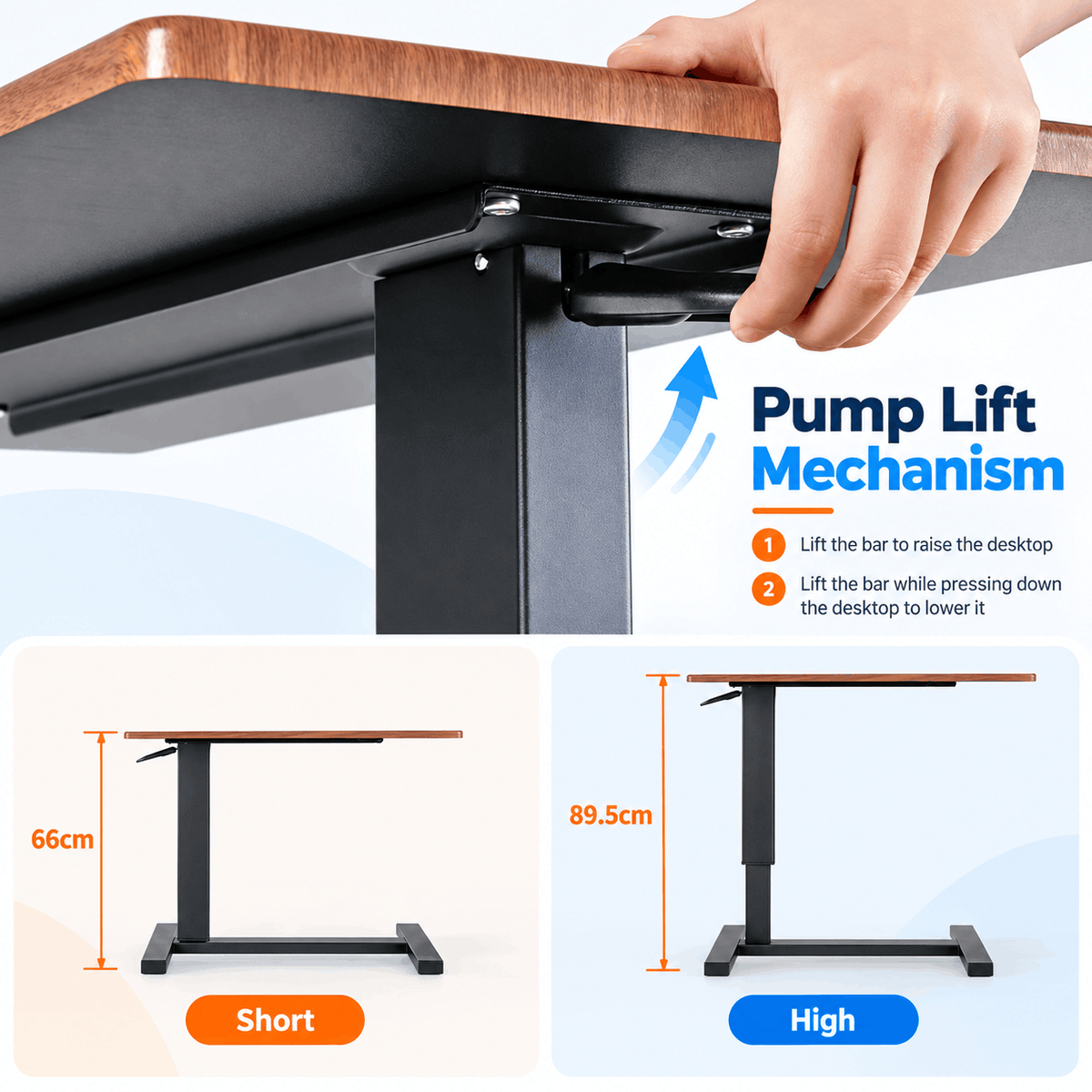 Hand lifting the lever under the tabletop with low and high height positions shown below