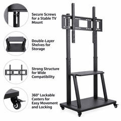 Mobile TV stand with close up circles showing the adjusting screws, two shelves, the bracket and a lockable wheel