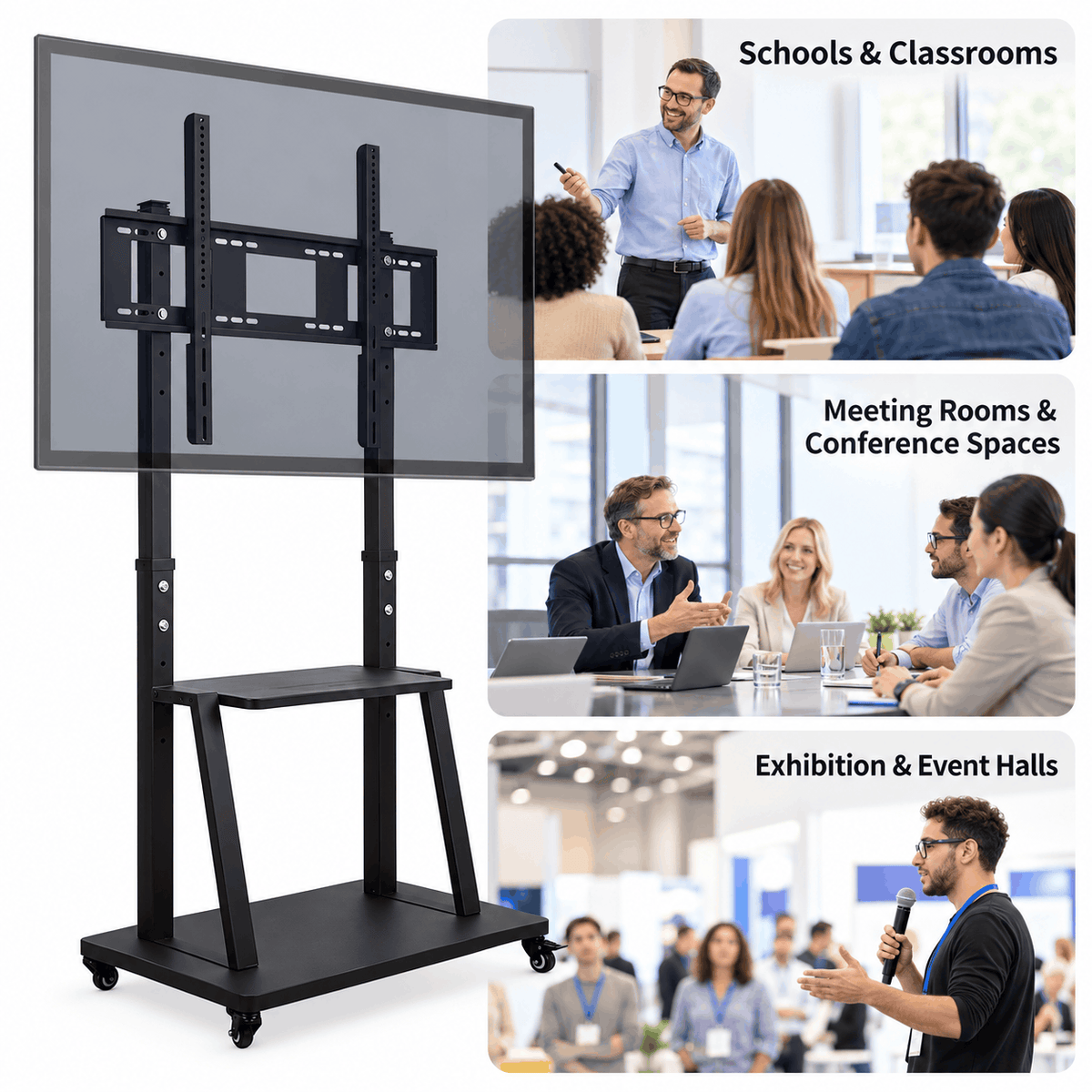 Mobile TV stand with a TV beside three photos of a classroom, a meeting room and an event hall