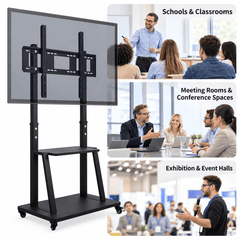Mobile TV stand with a TV beside three photos of a classroom, a meeting room and an event hall