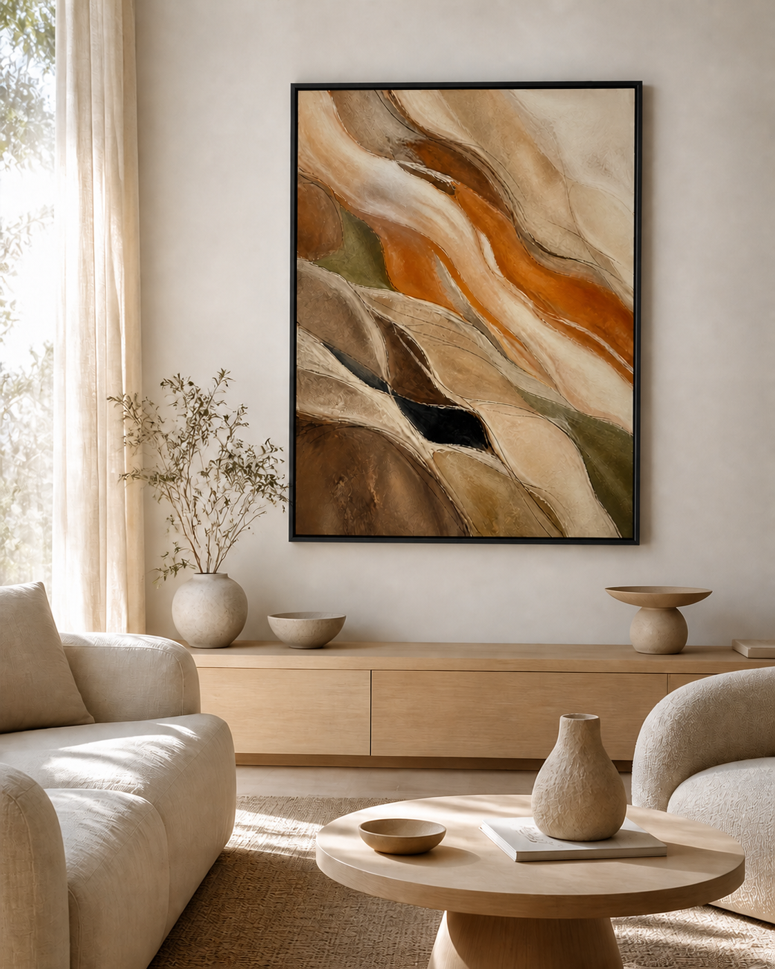 Ochre Current canvas in a black floating frame