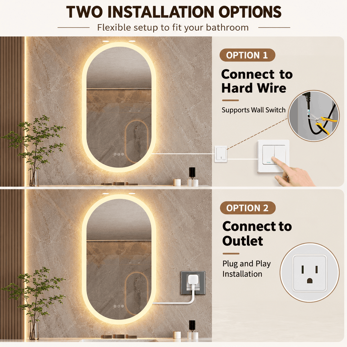 Two ways to power an oval LED mirror, one connected to a wall switch and one plugged into a wall outlet