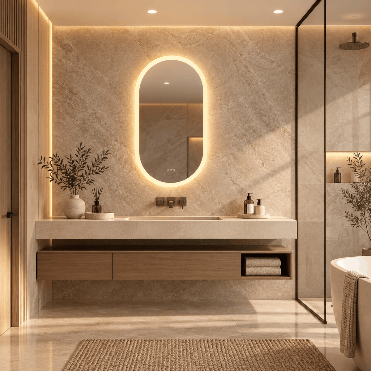 Oval illuminated mirror with a warm glow on a stone wall beside a glass shower, above a wall mounted vanity and sink