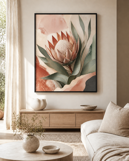 Protea Hush canvas in a black floating frame