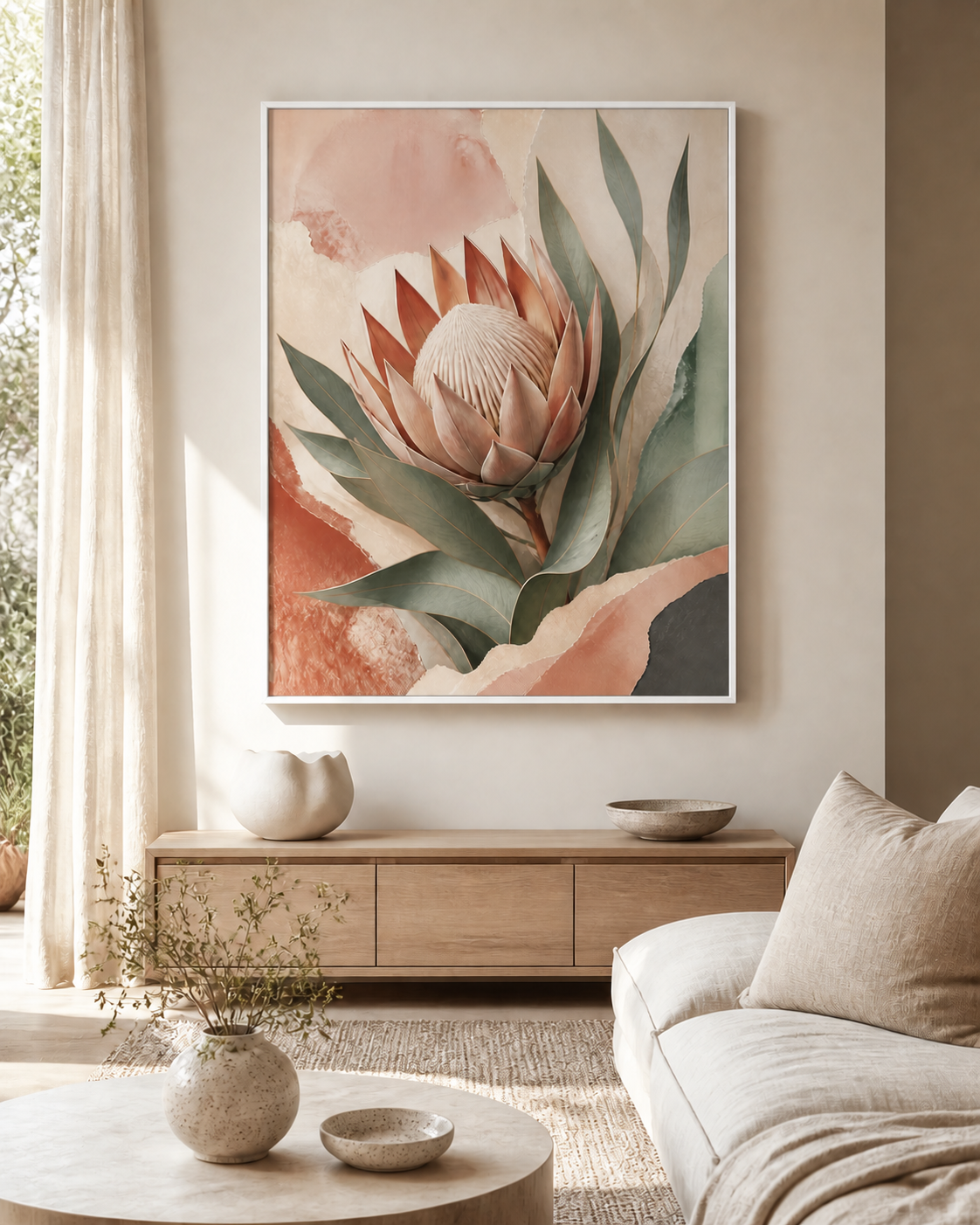 Protea Hush canvas in a white floating frame