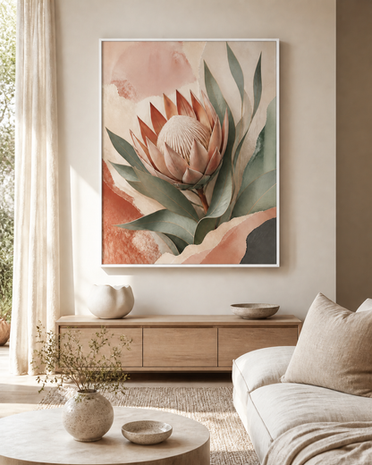 Protea Hush canvas in a white floating frame