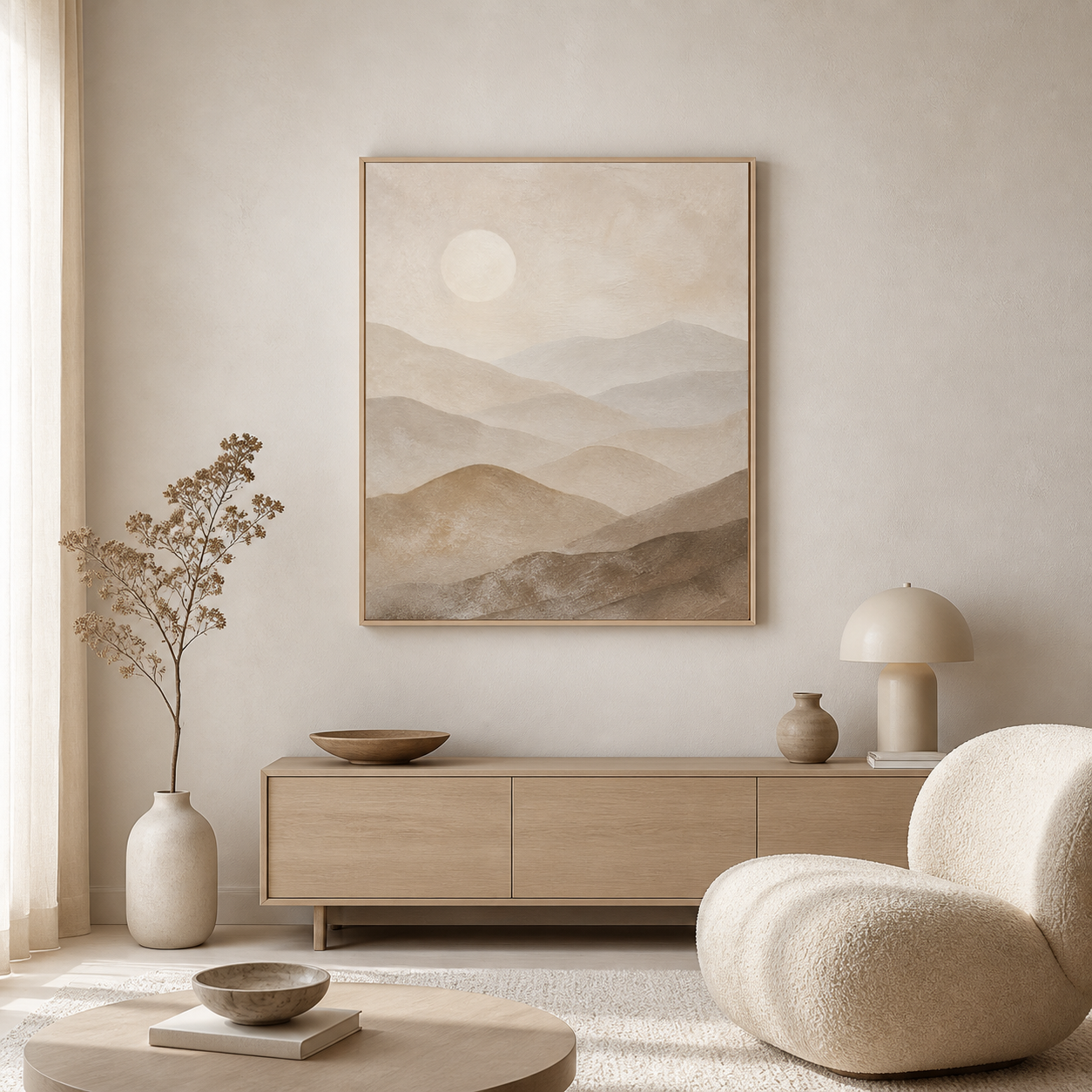 Quiet Ranges birch floating frame canvas in a neutral interior