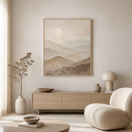 Quiet Ranges birch floating frame canvas in a neutral interior