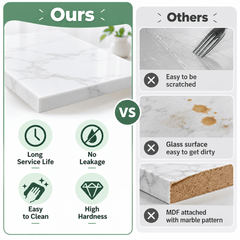 Comparison collage of a white marble look tabletop corner next to three other surfaces labelled as others