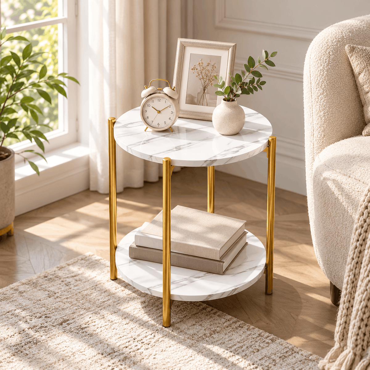 Round gold leg side table with marble look tops holding an alarm clock, a framed print and a vase, with books below