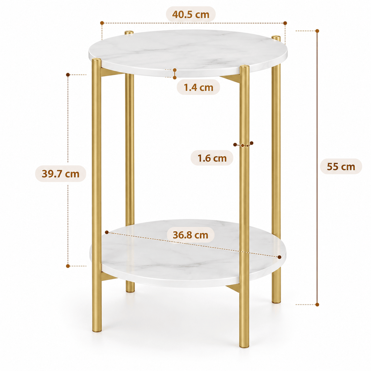Second dimensions diagram of the round two tier side table showing top width, height, shelf gap and shelf diameter