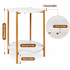 Dimensions diagram of the round two tier side table showing height, shelf diameter, leg height and top thickness