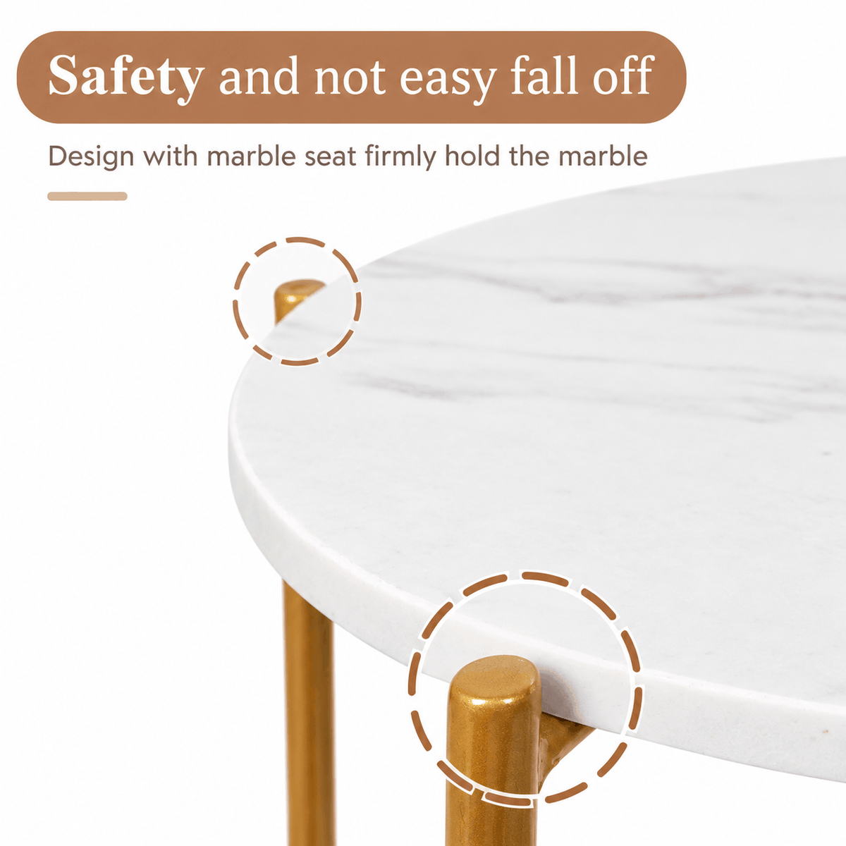 Close up of the edge of a white marble look tabletop resting on the top of a gold metal leg with two circled details