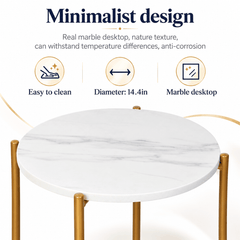 Close up of a round white marble look tabletop on gold legs with three small feature icons above it