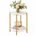 Round Side Table with Shelf White Marble Look Top and Gold Legs