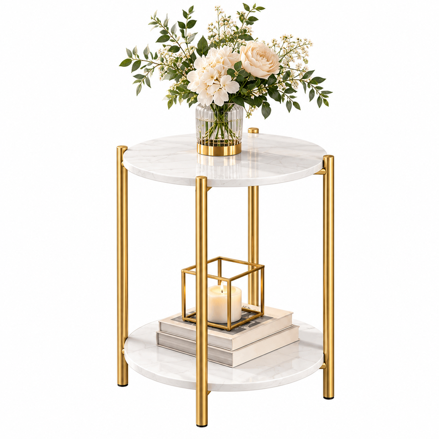 Round Side Table with Shelf White Marble Look Top and Gold Legs