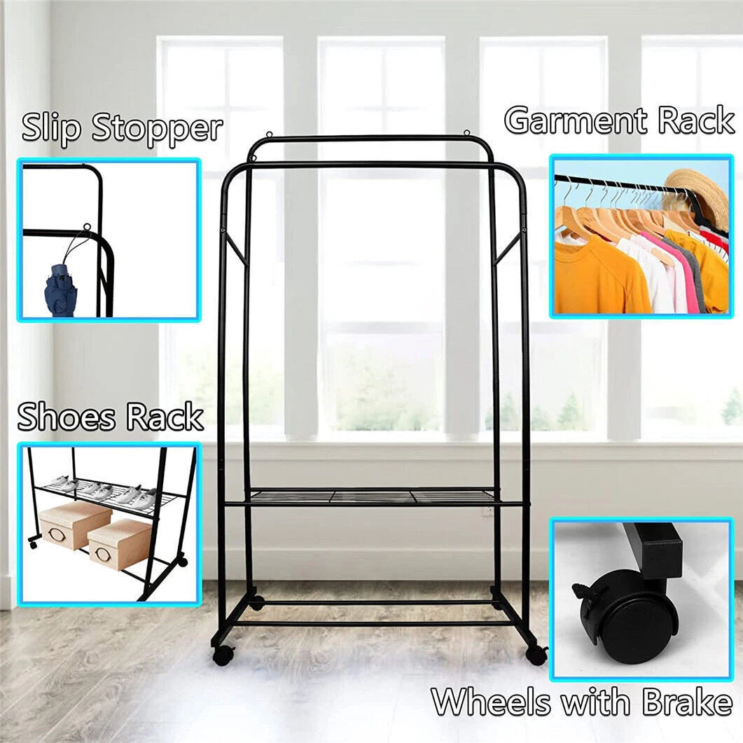 Industrial Clothes Rack with Garment Hanging and Shoe Shelf Storage AU
