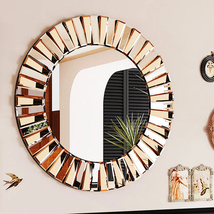 Silver and tawny round sunburst mirror with beveled glass