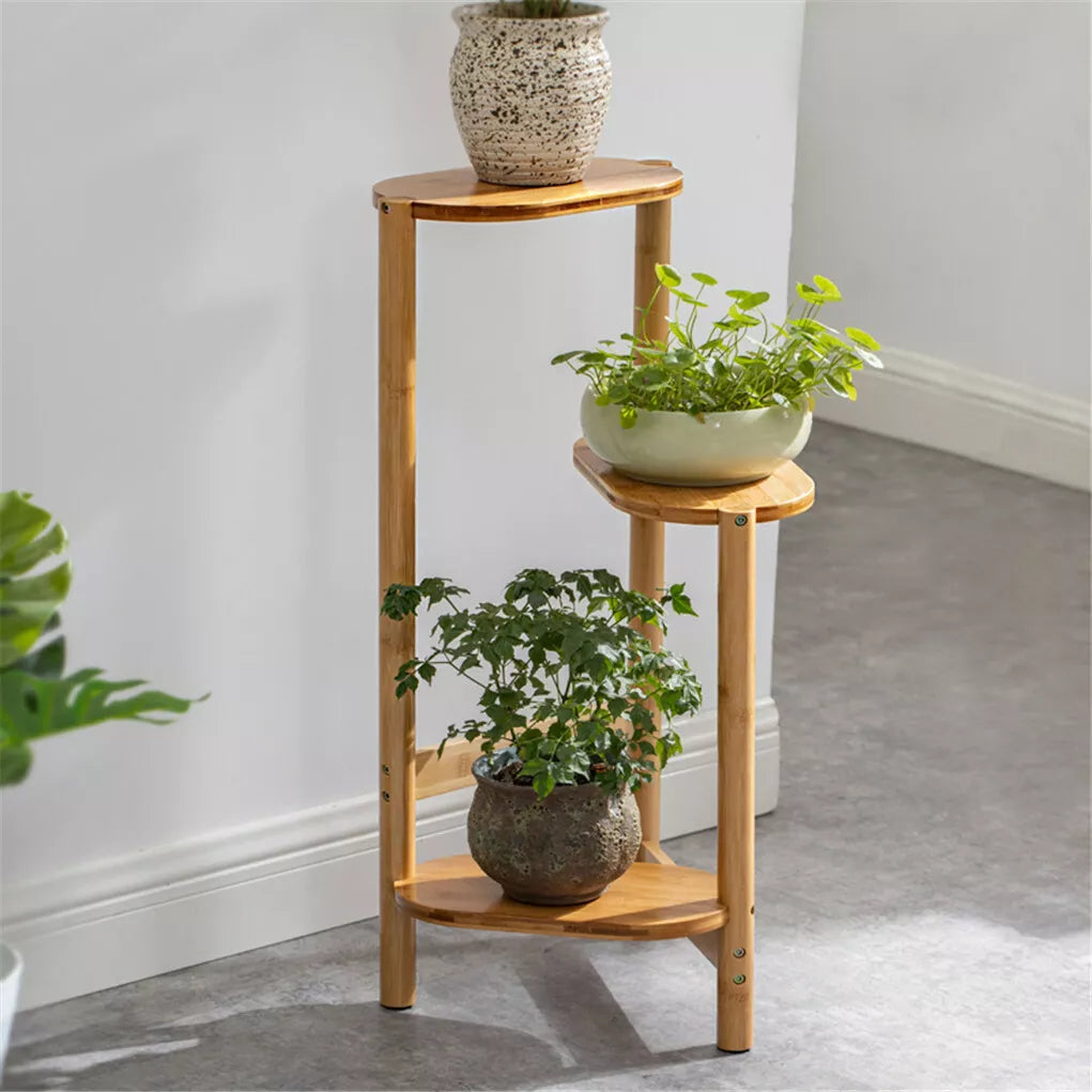 Indoor bamboo corner shelf for small potted plants