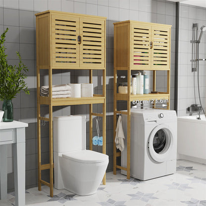 Four side hooks on bamboo bathroom storage unit