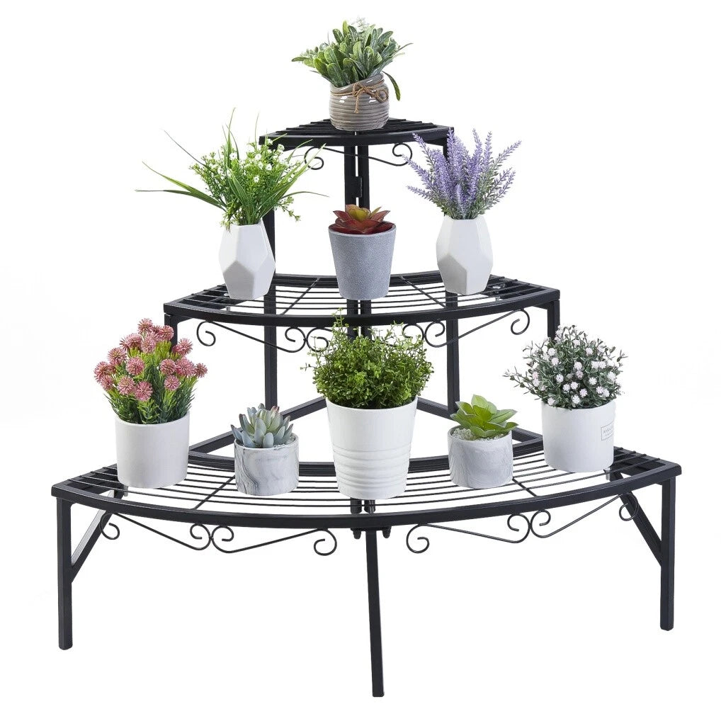3 Tier Metal Plant Stand Corner Flower Pot Display Rack Indoor Outdoor Flower Shelf Black Iron Ladder Organizer