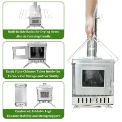 Portable Wood Burning Camping Stove with Chimney Pipes - Stainless Steel Tent Heater Cooker - Hot Tent Stove with Spark Arrestor - Outdoor Hiking Heating Stove