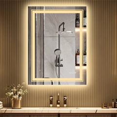 Backlit bathroom mirror close-up detail