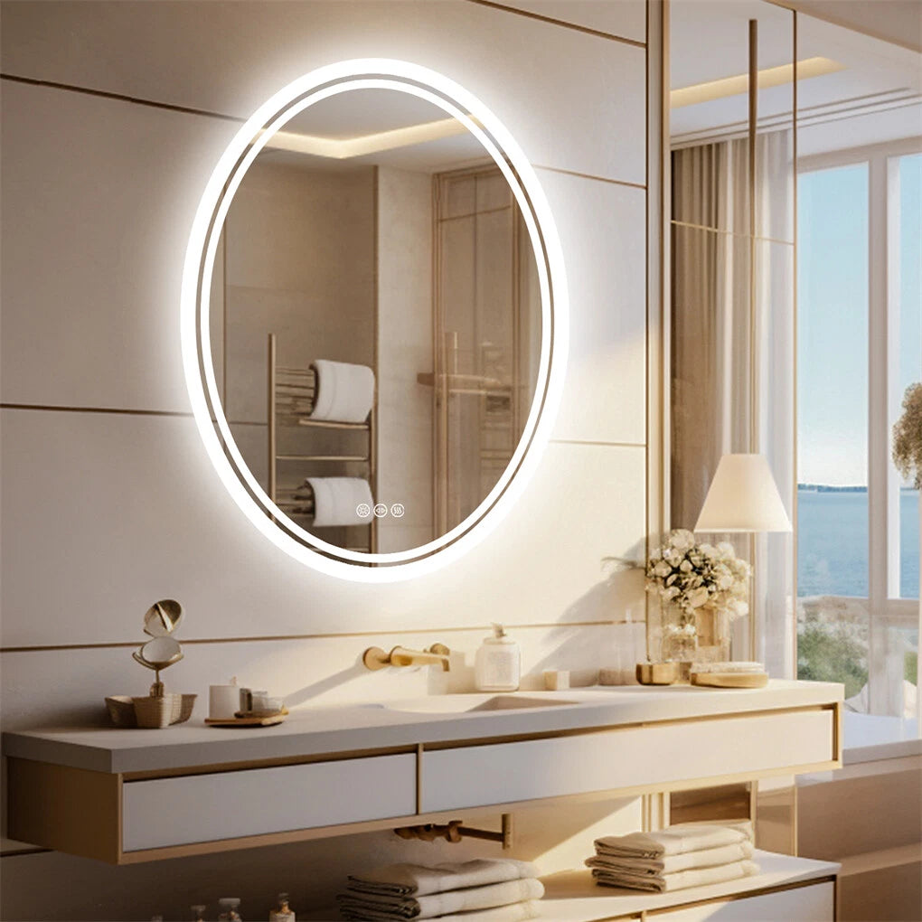 Smart frameless oval LED bathroom mirror, styled in bathroom