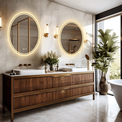 Smart frameless oval LED bathroom mirror, close-up