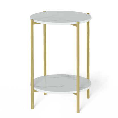 P&P White Marble Side End Table 2Tier Round Nightstand w/ Storage Shelf Living Room