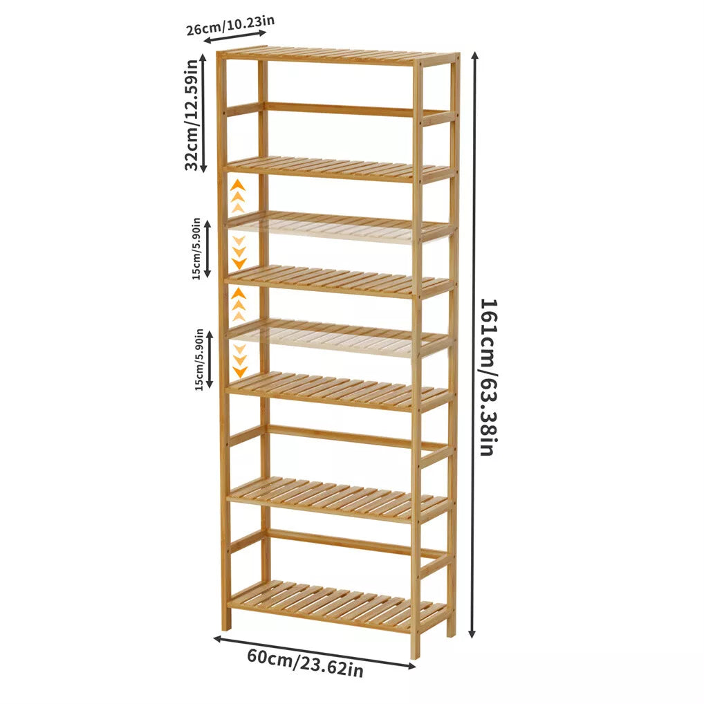 Tall Bamboo Shelf with 6 Adjustable Tiers for Books, Flowers, and Display
