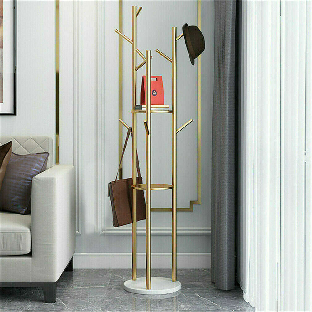 P&P Gold Metal Floor Coat Rack Stand Independent Marble Base Hat Clothes Hanger Tree