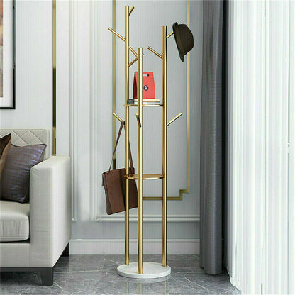 P&P Gold Metal Floor Coat Rack Stand Independent Marble Base Hat Clothes Hanger Tree