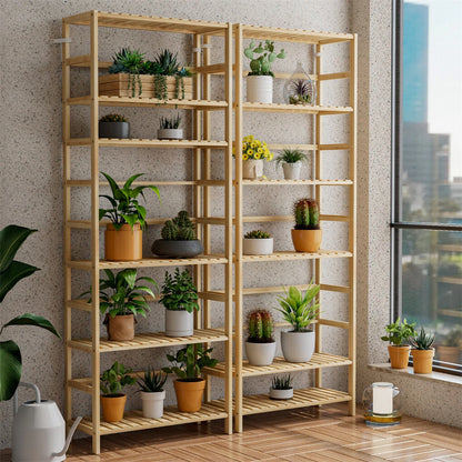 Tall Bamboo Shelf with 6 Adjustable Tiers for Books, Flowers, and Display