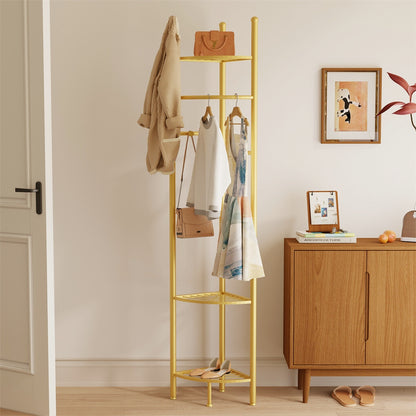 Adjustable foot pad on gold metal corner coat rack