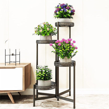 Folding corner plant stand displaying four pots
