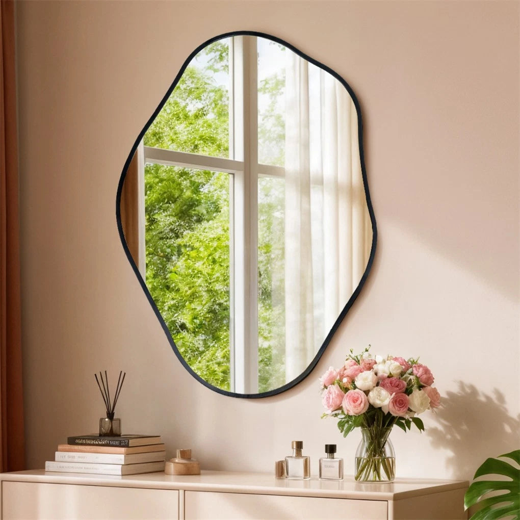 Black Frame Irregular Wall Mirror Vertical Hanging Bathroom Makeup Mirror 60x80cm