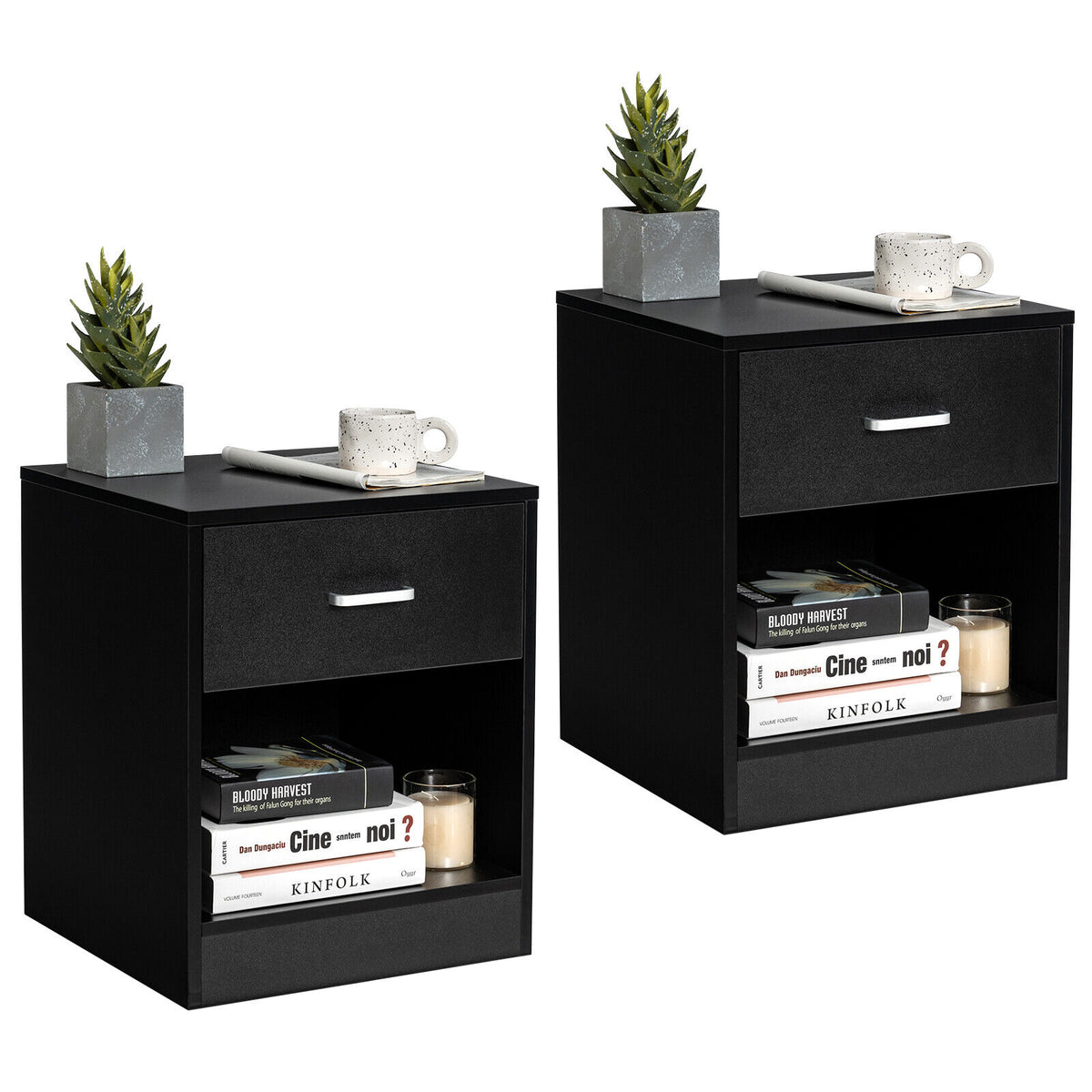 2PCS Black Nightstand with Drawers & Storage Cabinet