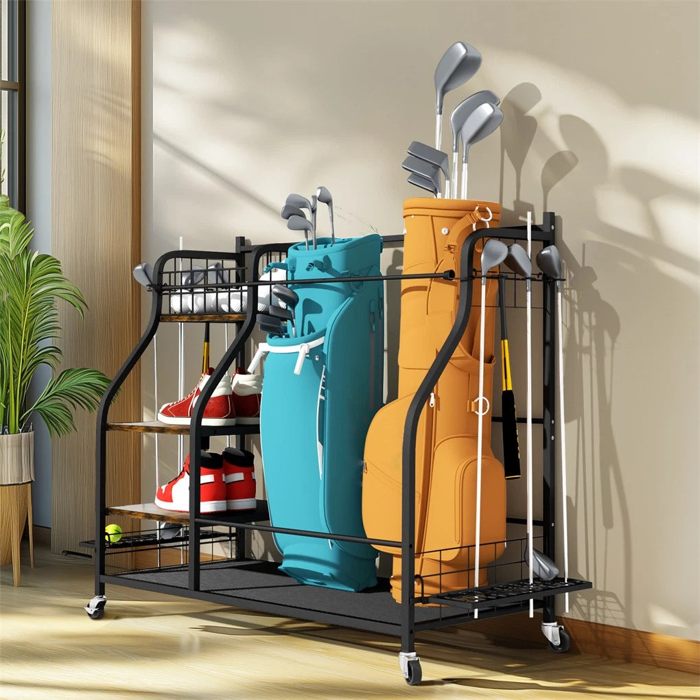 Rolling golf bag storage rack with durable frame